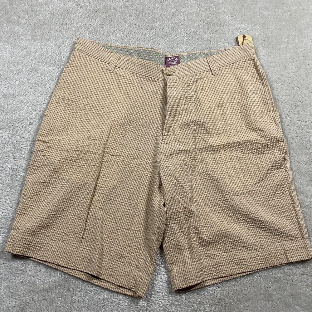 Berle Vintage Shorts Mens 38 Beige Check Pleated Chino Cotton Seersucker Summer